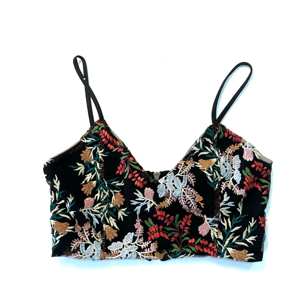 Floral Embroidered Black Crop Cami Top